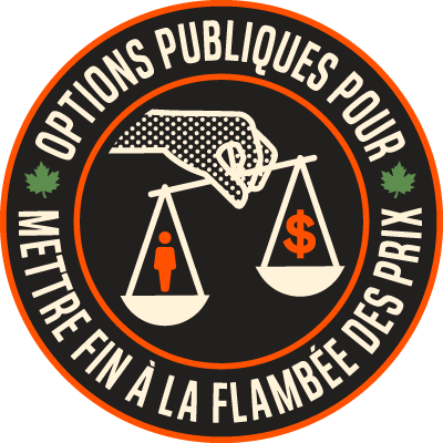 Badge de campagne circulaire indiquant « Options publiques pour mettre fin à la flambée des prix » avec une balance montrant une personne qui l'emporte sur un signe de dollar
